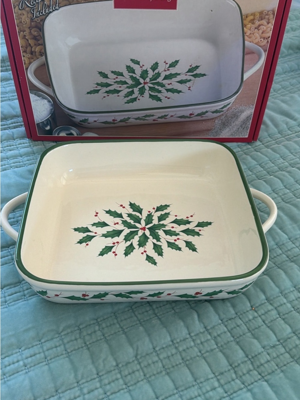 Lenox Cream Ceramic Baking Dish with Green Holly Motif